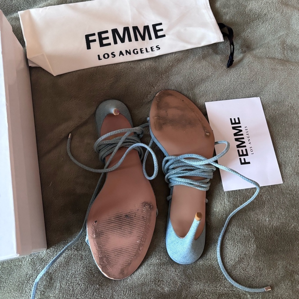 Revolve – Femme LA - Denim stiletto ankle wrap heels, size 9 - Picture 6 of 6